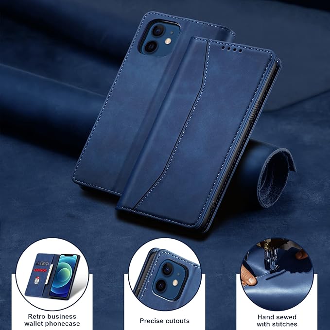 Jasonyu Flip Wallet Case for iPhone 12/12 Pro,Leather Magnetic Folio Cover with Card Holder,Kickstand - TPU Shockproof Durable Protective Phone Case,Blue