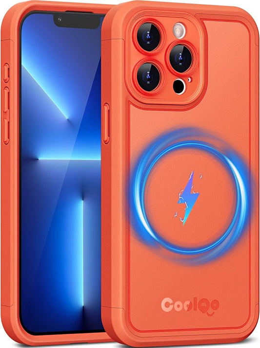 COOLQO Magnetic for iPhone 13 Pro Max Case, Compatible with MagSafe, Dual Layer Design Military Grade Protection, Translucent Matte Scratch-Resistant Back Protective Shockproof Phone Case, Orange