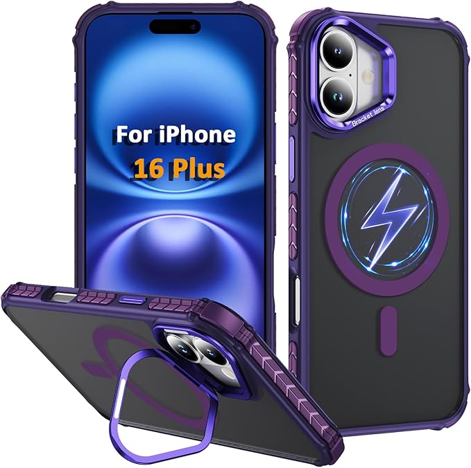 Magnetic for iPhone 16 Plus Case Purple with MagSafe Wireless Charging Heavy Duty Military-Grade Shockproof Protection Adjustable Kickstand Slim Matte Anti-Fingerprint Cover Men Women