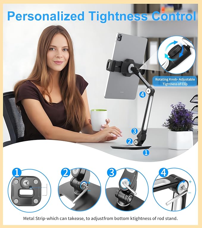 Adjustable Desk Tablet Stand, 360° Swivel iPad Kiosk Stand Fits for 4.7"-12" iPad Air mini Pro, iPhone, Samsung POS, Kindle, Aluminu Alloy Foldable Arm Holder for Store Kitchen Desktop, Black