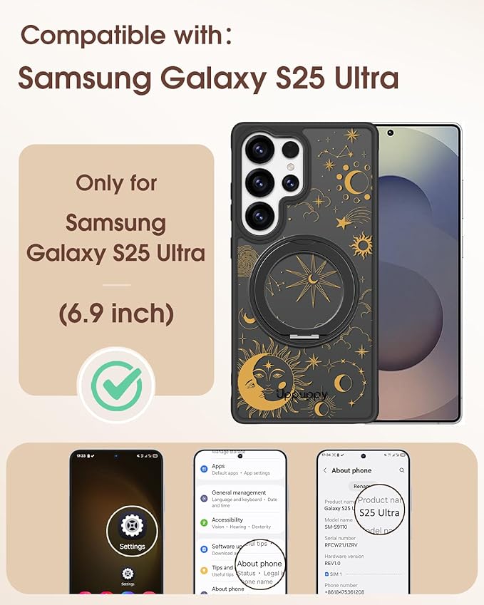 for Samsung Galaxy S25 Ultra Case with 360° Rotatable Magnetic Ring - Compatible with MagSafe, Semi-Transparent Soft-Touch Material Shockproof, Cute Sun Moon Star Design for Women Girl