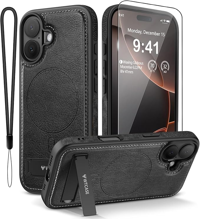 Magnetic for iPhone 17 Leather Case,Built-in Invisible Stand [Compatible with Magsafe] Protective Slim Kickstand Phone Cover for iPhone 17 Case, Black