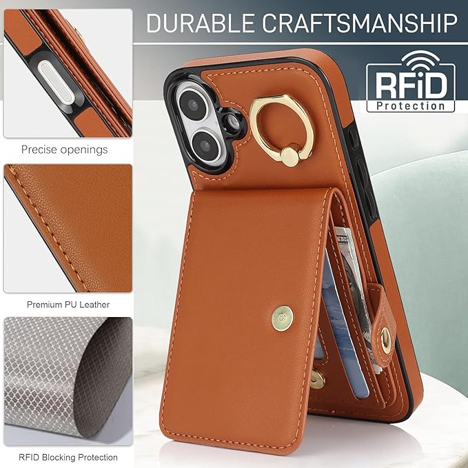 Compatible iPhone 16 Plus Wallet Case with Card Holder RFID Blocking PU Leather Doubles as a Wallet Unisex Flip Shockproof Protection with Card Slots Ring Wrist Kickstand Function,Brown