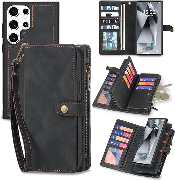 TwoHead for Samsung Galaxy S24 Ultra Wallet Case with Card Holder, Detachable Magnetic Phone Case for S24 Ultra,PU Leather All-Round Protective Phone Case Wallet with Wrist Strap,Black