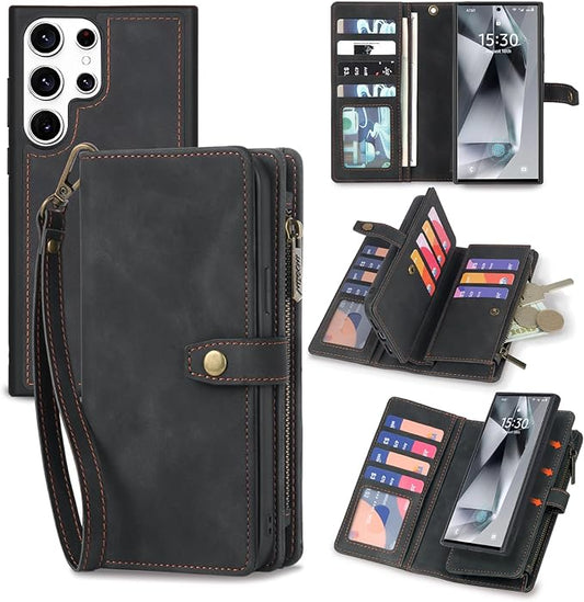 TwoHead for Samsung Galaxy S24 Ultra Wallet Case with Card Holder, Detachable Magnetic Phone Case for S24 Ultra,PU Leather All-Round Protective Phone Case Wallet with Wrist Strap,Black