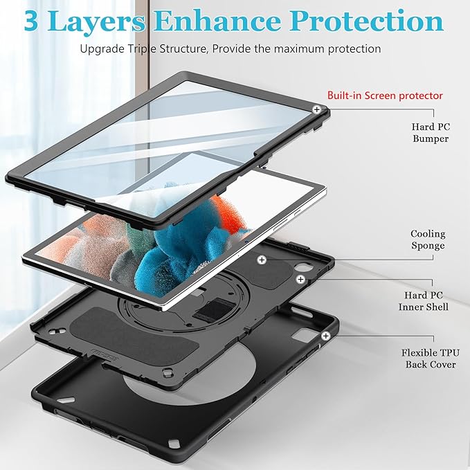 Case for Galaxy Tab A8 10.5 2022: TPU Cover for Samsung Tablet A8 5G with Screen Protector - Stand- Handle - Shoulder Strap - S-Pen Holde- Black