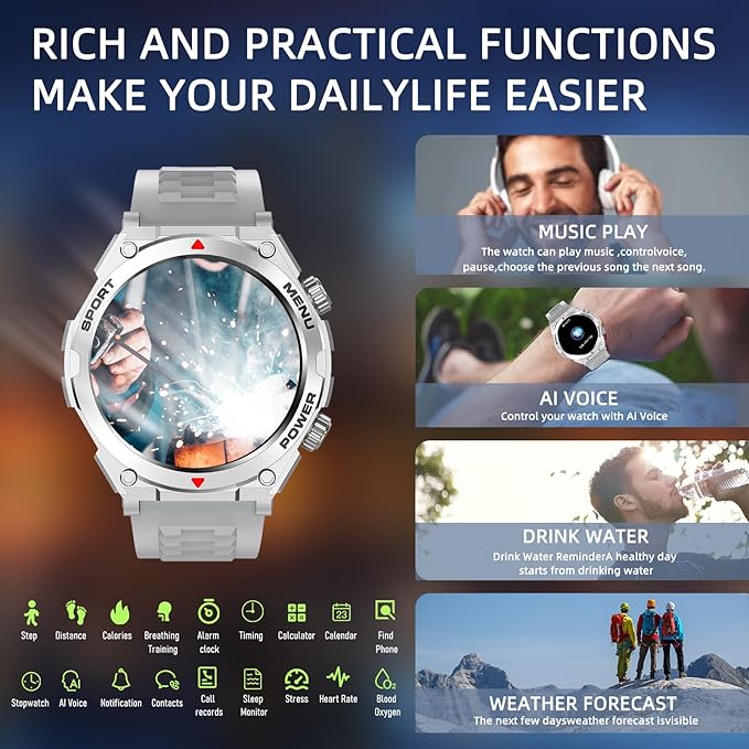 Military Smart Watches for Men(Answer/Make Calls), 1.52" HD Fitness Watch, AI Built-in,AI Face,Heart Rate Sleep Monitor, 100+ Sport Modes, Text, IP68 Waterproof Smartwatch for Android iOS
