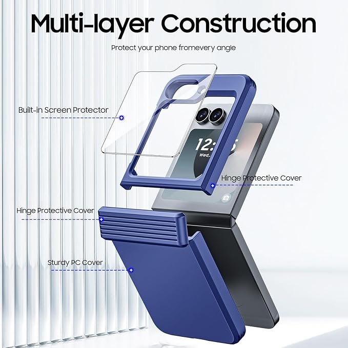 CENMASO for Galaxy Z Flip 6 Case/Z Flip 7 FE Case with Hinge Protection & Built-in Screen Protector, Ultra-Thin Full-Body Shockproof Protection Phone Case for Z Flip 6/Flip 7 FE-Blue