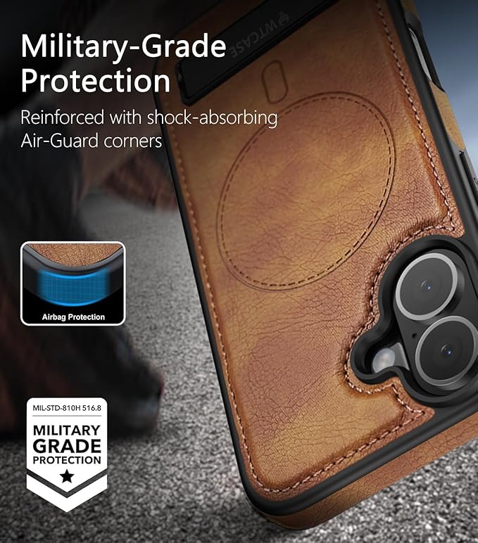 Magnetic for iPhone 17 Leather Case,Built-in Invisible Stand [Compatible with Magsafe] Protective Slim Kickstand Phone Cover for iPhone 17 Case, Brown