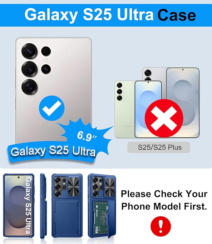 for Samsung Galaxy S25 Ultra Wallet Case, Card Holder (4-5 Cards), RFID Block, Slide Lens Cover, Military Grade Drop Proof, Hard Heavy Duty Men Women Protective Case for Galaxy S25 Ultra, Blue