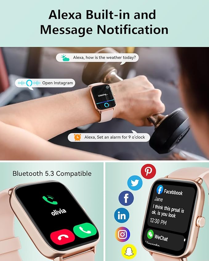 Smart Watches for Women, Smart Watch for Android Phones and iPhone Compatible, Alexa Built-in, 1.8" Fitness Watches for Women, IP68 Waterproof/Bluetooth Call, Heart Rate/Sleep Monitor, Pink