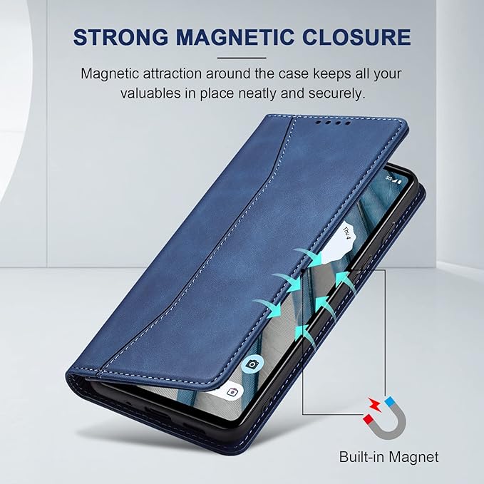 Jasonyu Flip Wallet Case for Google Pixel 7A,Leather Magnetic Folio Cover with Card Holder,Kickstand - TPU Shockproof Durable Protective Phone Case,Blue