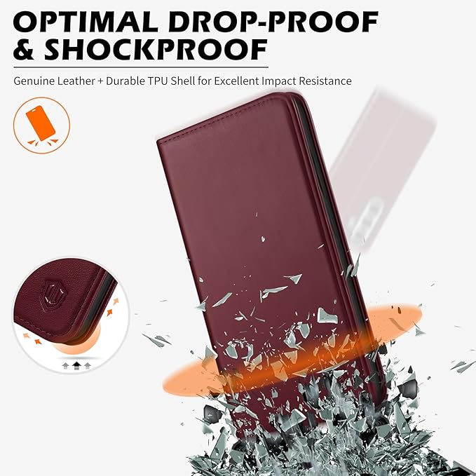 SHIELDON Case for Galaxy S25 5G 6.2", Genuine Leather Wallet Flip Magnetic Cover RFID Blocking Credit Card Slot Kickstand Shockproof Protective Case Compatible with Galaxy S25 2025 - Nappa Wine Red