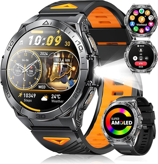 Smart Watch for Men Answer/Make Call for Android iPhone, 1.6" AMOLED HD Screen Mens Luxury Watch, 600mAh Heavy Duty Smartwatch 5ATM Waterproof/Heart Rate/Sleep Monitor Pedometer, 2 Straps
