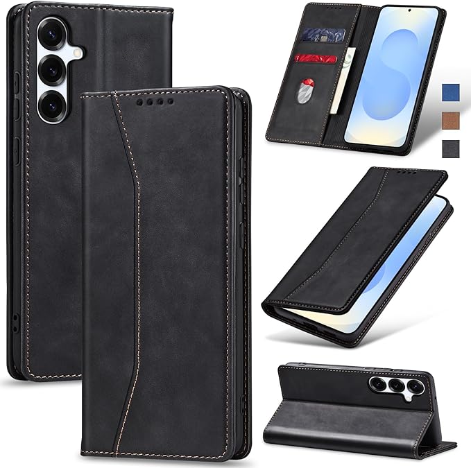 Jasonyu Flip Wallet Case for Samsung Galaxy S25,Leather Magnetic Folio Cover with Card Holder,Kickstand - TPU Shockproof Durable Protective Phone Case,Black