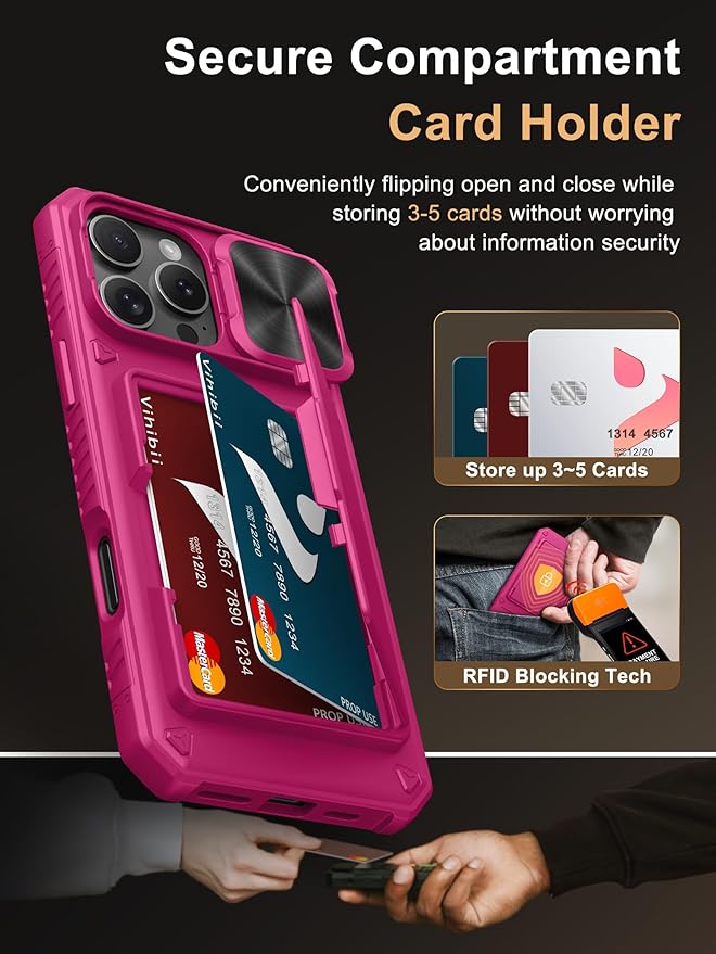 Vihibii for iPhone 16 Pro Max Case Wallet with Card Holder (4 Cards) [RFID Blocking] & Slide Camera Cover & Raised Edges Protect Screen, Shockproof Rugged Cover for iPhone 16 Pro Max, 6.9", Pink
