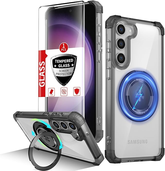 for Samsung Galaxy S23 Plus Case Magnetic Compatible with MagSafe with Screen Protector,for S23+Plus Phone Case with Kickstand Ring Military Grade Drop Heavy Duty Protection Shockproof Black