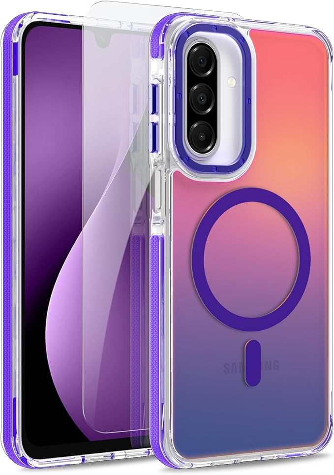MOWIME Magnetic Case for Samsung Galaxy A17 5G [Compatible with Magsafe] [Cute Fashion Fluorescent Design] [1 Screen Protector] Slim Translucent Matte Case for Galaxy A17 5G 6.7", Purple