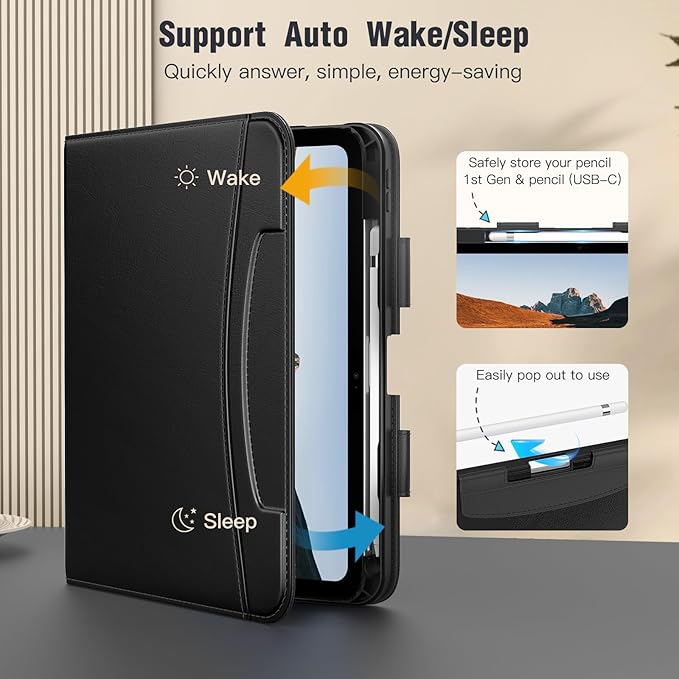 MoKo for iPad (A16) 11th Generation Case 11 inch 2025, iPad 10th Generation Case 10.9" 2022 with Pencil Holder & Pocket, Premium Leather Folio Stand Cover, Multiple Viewing Angles, Black