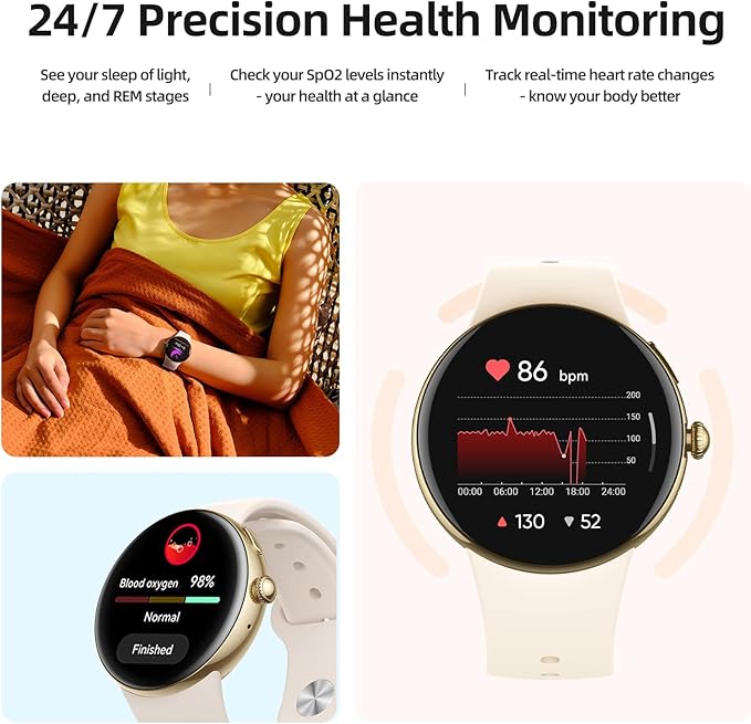 Parsonver AMOLED Smart Watch for Women Men, Always-On Display Fitness Tracker, Answer/Make Calls, 2 Quick-Release Bands, Heart Rate, Sleep Monitor, 120+ Sports Modes for Android iPhone, Champagne Gold