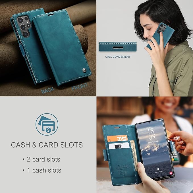 for Samsung Galaxy S24 Ultra Case, Flip Wallet Leather Case with Card Holder Magnetic Closure Shockproof Kickstand Protective Phone Cases Cover for Galaxy S24 Ultra 5G Cover,Blue-Green