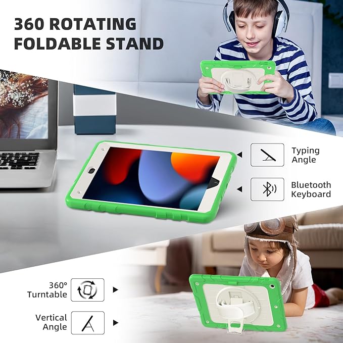 Case for iPad 9th/8th/7th Generation-Built-in Screen Protector,with Pencil Holder&360°Rotating Hand Strap,Shoulder Strap,Case for iPad 10.2 inch 2021-2019(Green/Beige)