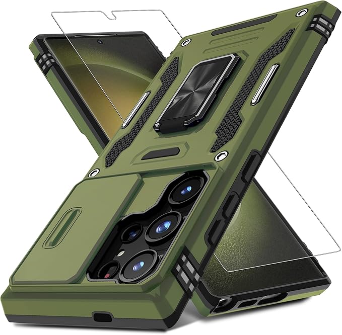 DEERLAMN Case for Samsung Galaxy S25 Ultra with Slide Camera Cover+Screen Protector (1 Pack), Rotated Ring Kickstand Military Grade Shockproof Protective Cover-Olive Green