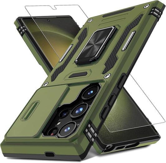 DEERLAMN Case for Samsung Galaxy S25 Ultra with Slide Camera Cover+Screen Protector (1 Pack), Rotated Ring Kickstand Military Grade Shockproof Protective Cover-Olive Green