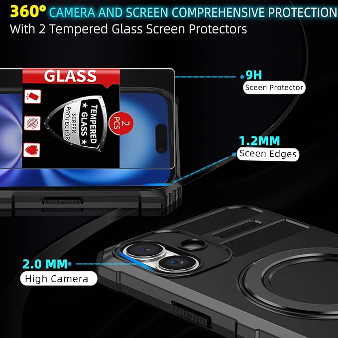for iPhone 16 Plus Case Magnetic Compatible with MagSafe Wireless Charging,with 2 Screen Protector,with Kickstand Ring Shockproof Shock-Absorbent Heavy Duty Protection Scratch Resistant Black