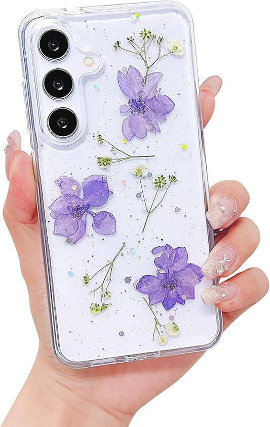 Compatible with Samsung Galaxy S24 Case Cute Pressed Dried Real Flowers Design Women Girly Shockproof Hard PC+ TPU Bumper Floral Phone Cover for Galaxy S24 (Light Purple)