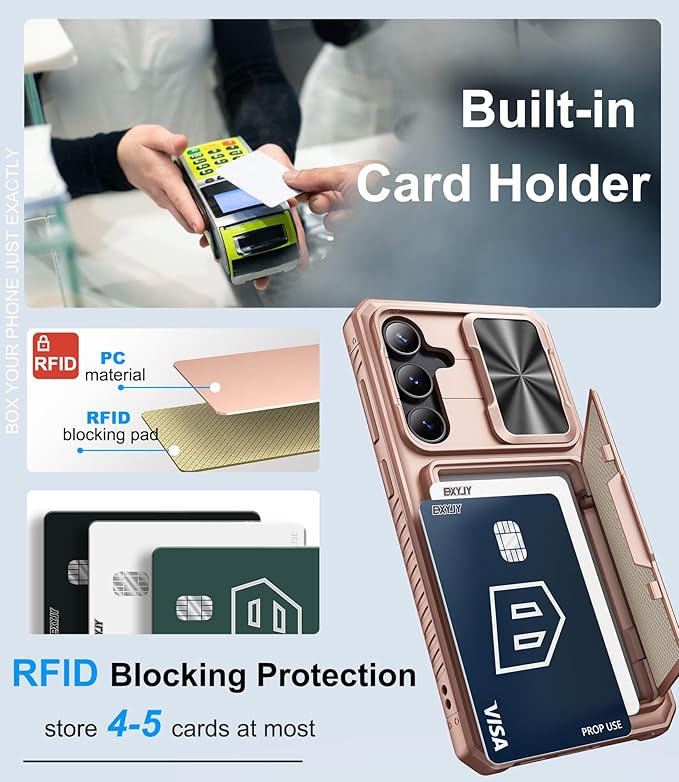 for Samsung Galaxy S25 FE Phone Case Wallet, Card Holder (4-5 Cards), Slide Camera Cover, Military Grade Protection, Rugged Hard Women Girly Men Protective Case for Galaxy S25 FE 6.7", Rose Gold