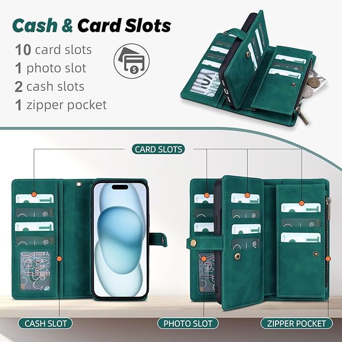 TwoHead Wallet Case Compatible with iPhone 15,Detachable Magnetic Phone Case,All-Round Protective Leather Phone Case with Card Holder,6.1 in,Green