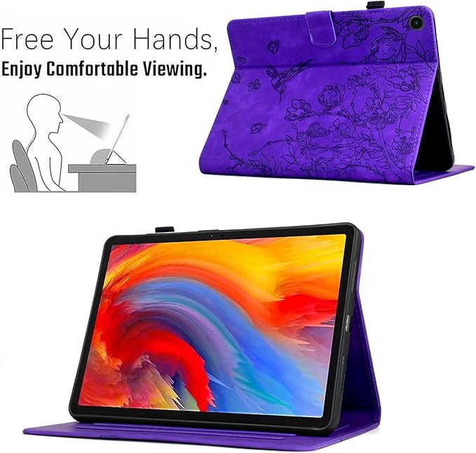 KEROM Case for Samsung Galaxy Tab A9+ Plus 11 Inch 2024 2023 (SM-X210/X216/X218), Embossed Suede Leather Folio Stand Cover with Auto Wake/Sleep & Card Slot & Pen Holder - Purple Bird Flower Embossing