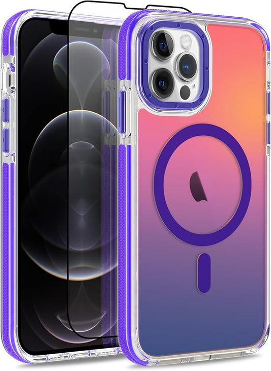 MOWIME Magnetic Case for iPhone 12 Pro Max [Compatible with Magsafe] [Cute Fashion Fluorescent Design] [1 Screen Protector] Slim Translucent Matte Case for iPhone 12 Pro Max 6.7" 2020, Purple