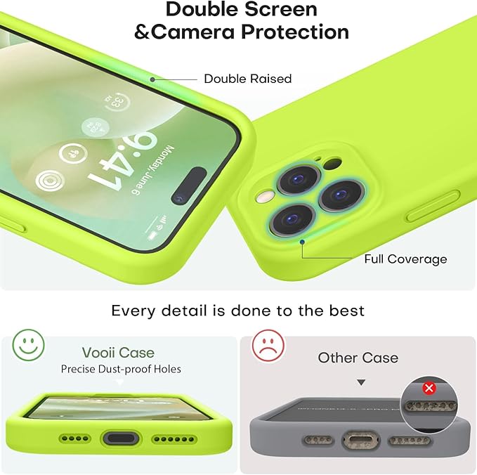 Vooii Compatible with iPhone 15 Pro Case, Upgrade Liquid Silicone, [Camera Protection] [Soft Anti-Scratch Microfiber Lining] Shockproof Phone Case for iPhone 15 Pro 6.1 inch - Fluorescent Green