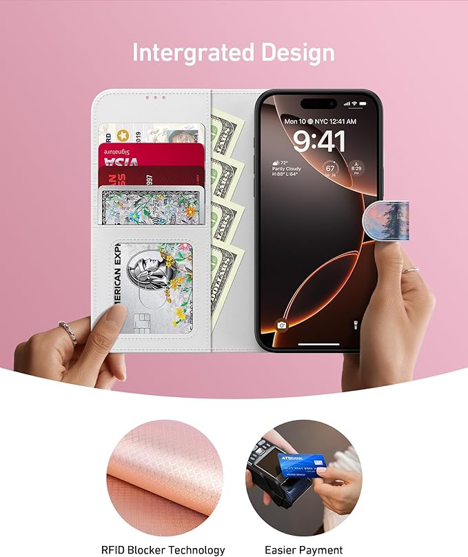 DEENAKIN for iPhone 15 Pro Max Wallet Case with Card Holder + Cash Clip, RFID-Blocking, Military-Grade Drop Protection, Magnetic Closure with Leather Kickstand - Mountain Blossom Glow