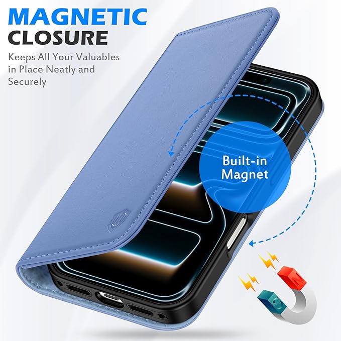 SHIELDON Real Leather Case Wallet for iPhone 17 6.3-inch 5G 2025 | Magnetic Closure | Folio | RFID Blocking Card Holder | Kickstand | Soft Shockproof Phone Cover | Wisteria Purple