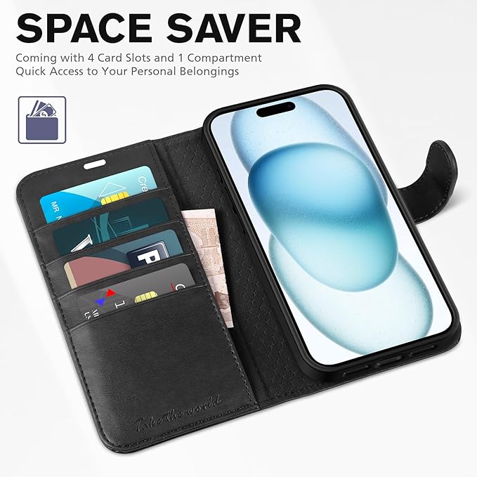 TUCCH Case Wallet for iPhone 15 6.1", Kickstand PU Leather [RFID Blocking] 4 Card Holder Magnetic Stand Protective Cover [TPU Shockproof Inner Shell] 5G 2023, Black
