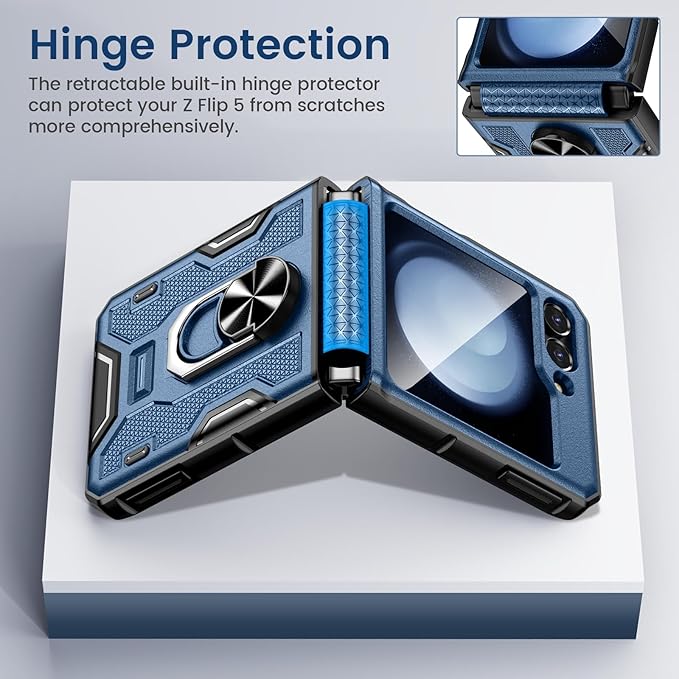 VEGO for Samsung Flip 5 Case with Belt Clip Holster, Hinge Protection with 360°Ring Magnetic Kickstand & Camera Screen Protector Heavy Duty Protective Armor Cover - Blue