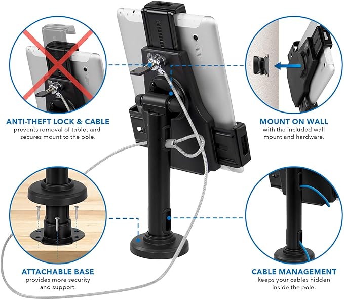 Mount-It! Secure Universal Tablet POS Kiosk with Wall Bracket Add-on | Locking Tablet Stand with Adjustable Clamp for iPad, iPad Air, Samsung Galaxy Tab, Surface Go & 7.9"- 10.9" Tablets - MI-3784