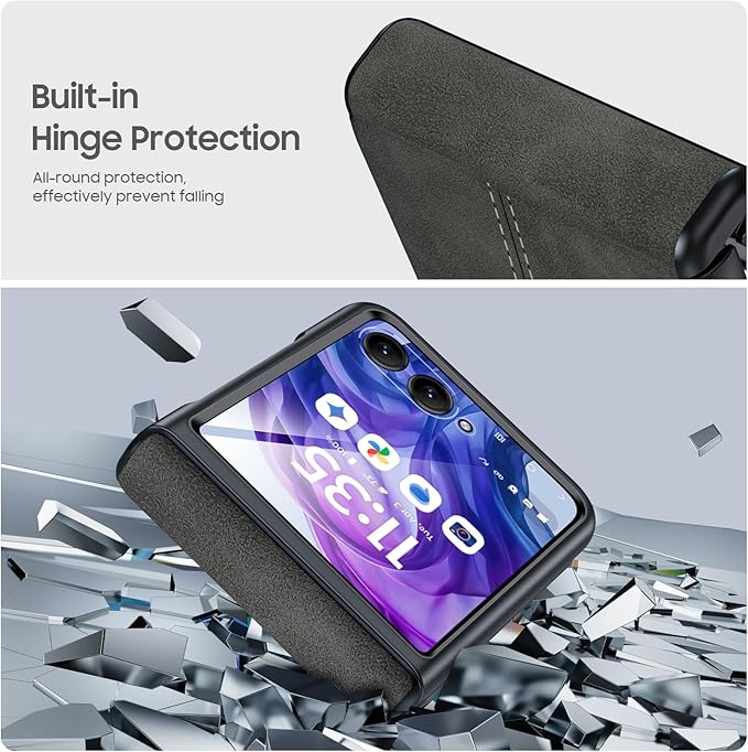 for Motorola razr+ Plus 2024 Case/Razr+ Plus 2025 Case Built-in Screen Protector& Hinge Protection & Ultra Thin PU Leather Matte PC Shockproof Phone Case for Moto Razr+ 2024/2025 (Black Gray)