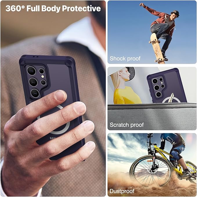 CENHUFO Magnetic Privacy for Samsung Galaxy S24 Ultra Case, Full Body Phone Case with Built-in Privacy Screen Protector and Camera Lens Cover, Anti Peep Shockproof Protective Clear Bumper - Purple