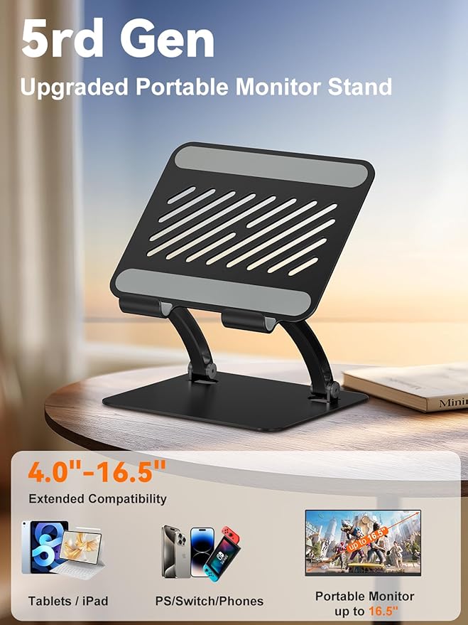 tounee Tablet Holder Stand, Dual Rod Adjustable Aluminum Desktop Stand, Compatible with 4-15.9" iPads, Surface Tablets, Portable Monitor, Kindle and More (Black)