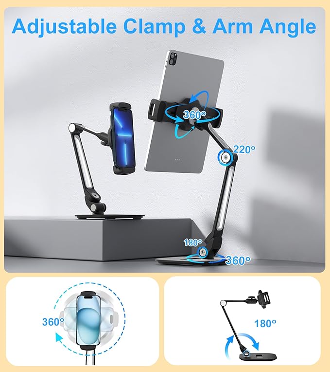 Adjustable Desk Tablet Stand, 360° Swivel iPad Kiosk Stand Fits for 4.7"-12" iPad Air mini Pro, iPhone, Samsung POS, Kindle, Aluminu Alloy Foldable Arm Holder for Store Kitchen Desktop, Black