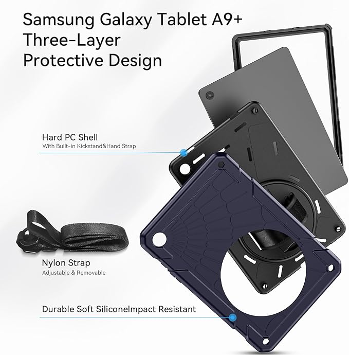 Case for Samsung Galaxy Tab A9 8.7 Inch 2023, 360° Rotating Stand, Hand Strap&Shoulder Strap Case for Samsung A9 Tablet(SM-X110/X115/X117) (Blue)