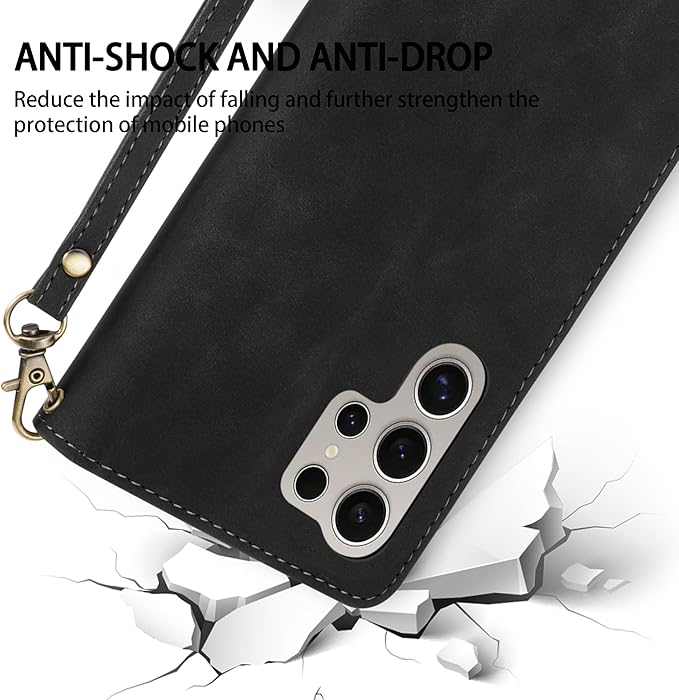 ZZXX for Samsung Galaxy S24 Ultra Wallet Case with RFID Blocking Card Slot PU Leather Zipper Flip Folio with Strap Kickstand Protective Cover for Samsung Galaxy S24 Ultra Case Wallet(Black-6.8 inch)