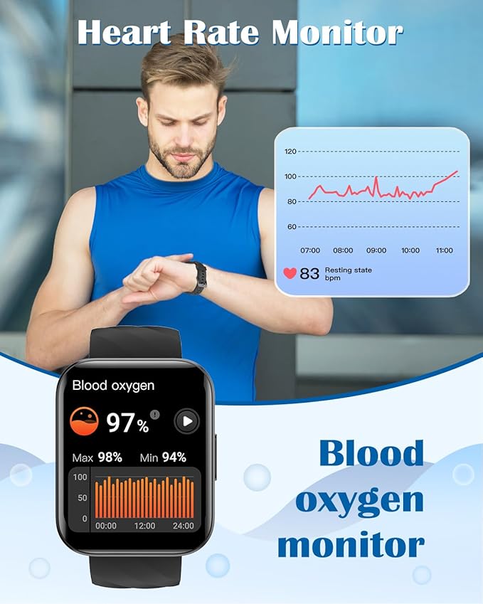 RUIMEN Smart Watches for Men Women (Answer/Make Calls) Compatible with iPhone/Android Phones, 1.85" HD Screen Fitness Tracker Heart Rate Monitor 100+ Sports Tracker Watch Waterproof (Black)