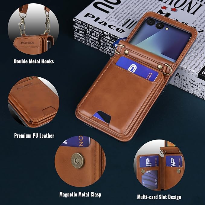 ASAPDOS for Samsung Galaxy Z Flip 7 PU Leather Wallet Phone Case with Card Slots (Holds 5 Cards), Anti-Drop Protection, Wrist & Shoulder Strap Brown
