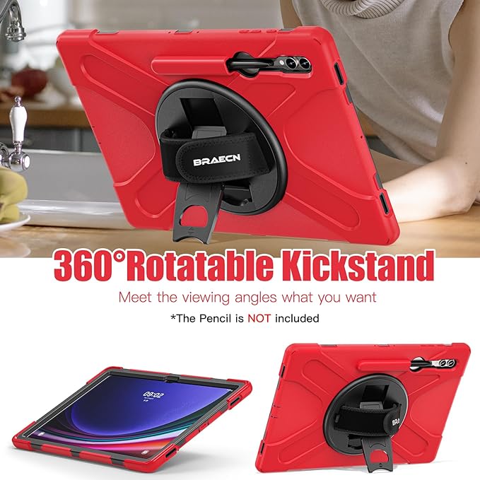 BRAECNstock Case for Samsung Galaxy Tab S10 Ultra/ S9 Ultra/ S8 Ultra 14.6" Shockporoof Protective Heavy Duty Kids Case with Pencil Holder [360 Rotating Strap]& Stand, Shoulder Strap, Red