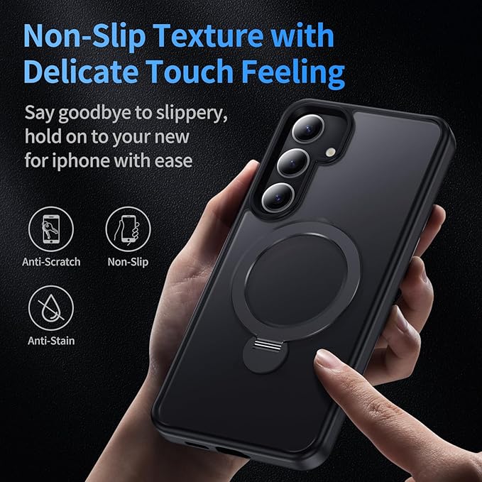 for Samsung Galaxy S24 Case,Compatible with Magsafe [Wireless Charging],with 360°Rotatable Magnetic Ring Stand Matte Translucent Slim Soft Edge Phone Kickstand,Black